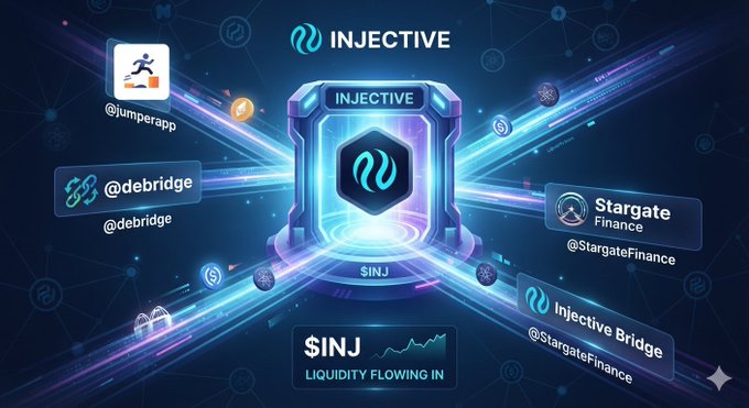 The image showcases the Injective ecosystem with a central glowing portal displaying the $INJ ticker, surrounded by multiple liquidity bridge options including Jumper, deBridge, Stargate Finance, and Injective Bridge, visually reinforcing the post's message about the variety of routes available to bring liquidity into Injective. The "$INJ LIQUIDITY FLOWING IN" banner at the bottom emphasizes that capital is actively entering the ecosystem through these diverse bridges.
