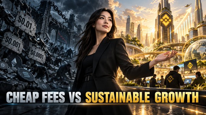 A YouTube-style thumbnail featuring a woman in a black suit gesturing toward a futuristic cityscape, contrasted with a dystopian scene of low fees labeled '$0.01', '$0.001', and '$0.0001', with the bold text 'CHEAP FEES VS SUSTAINABLE GROWTH'.