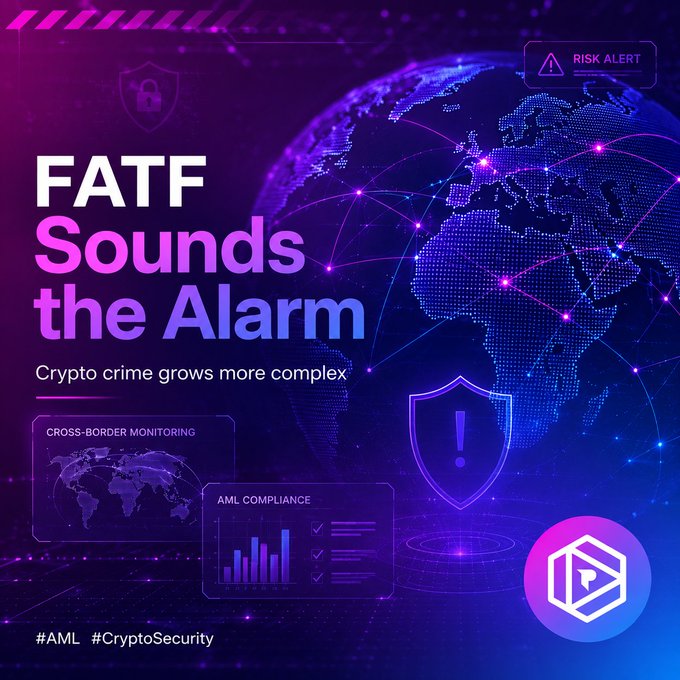 A digital graphic titled 'FATF Sounds the Alarm' with subtitle 'Crypto crime grows more complex' featuring a globe, security shields, and hashtags #AML #CryptoSecurity.