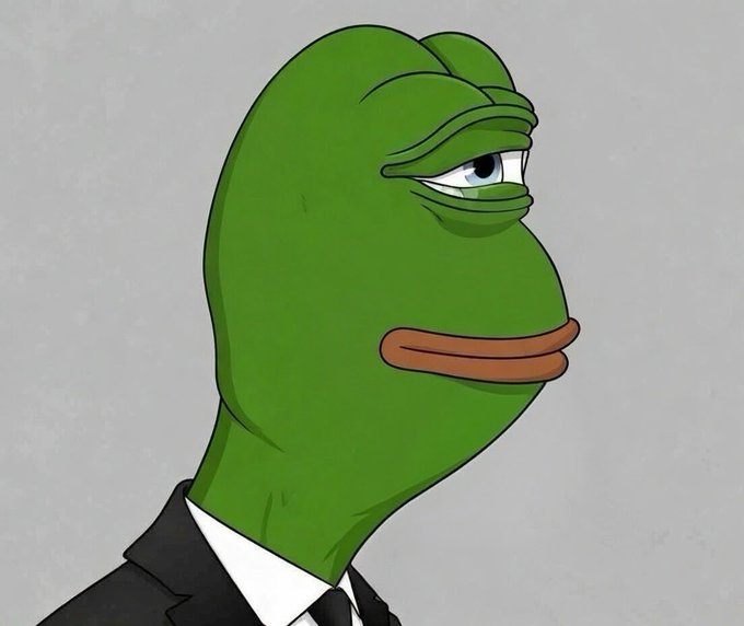 The image features a cartoon frog with a green body, wearing a black suit and tie. The frog has one eye open and appears to be looking off into the distance or staring at something out of frame. The caption below the image reads "$Pepe going to zero". This suggests that the frog is in a state of contemplation or deep thought, possibly pondering about its life or surroundings.