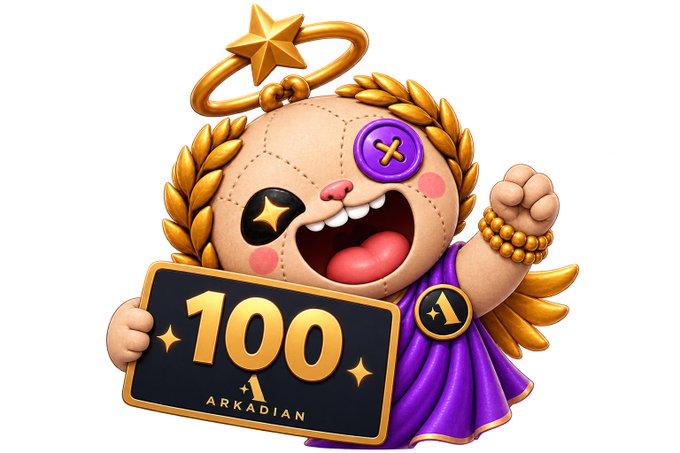 A cartoon character with a button eye, gold laurel wreath, halo with star, and purple robe holds a black plaque reading '100 ARKADIAN'.