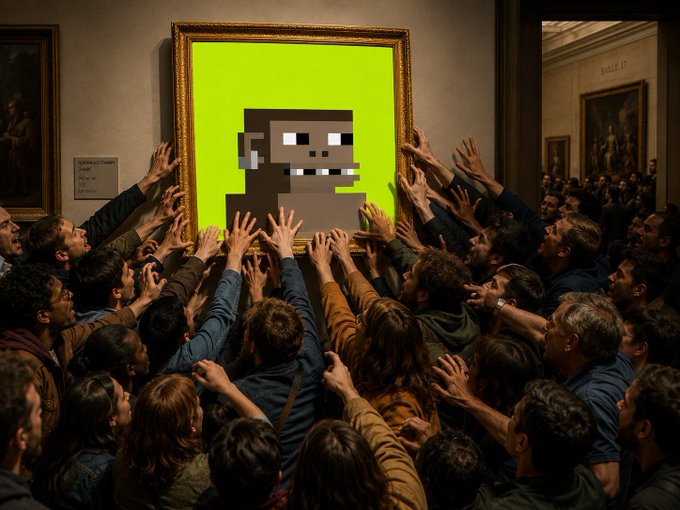 An AI-generated image showing a crowd of people reaching up toward a framed pixel-art creature on a bright green background, displayed in a gallery setting.