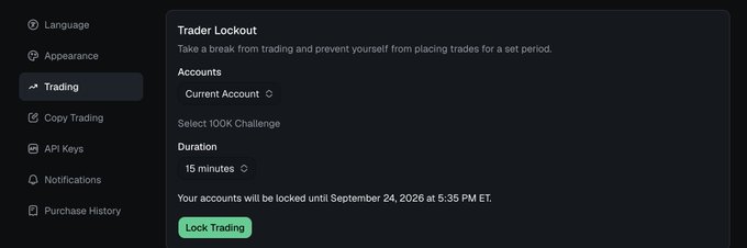 Settings menu screenshot showing a 'Trader Lockout' option with fields for 'Current Account', '100k Challenge', '15 minutes' duration, and a green 'Lock Trading' button.