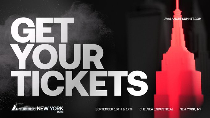 The image features a poster for an event called "Get Your Tickets", which appears to be related to the Avalanches Summit taking place in New York City, September 19th - 25th. The poster includes a red building with a white roof as its main visual element and is accompanied by text that reads "Get your tickets now".