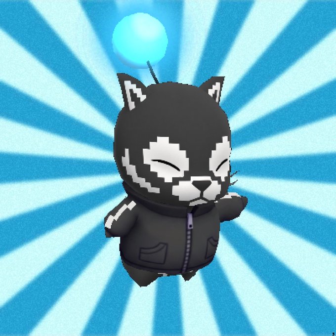 A 3D voxel-style black and white cat character with closed eyes wearing a gray hoodie floats against a blue and light blue radiating sunburst background.