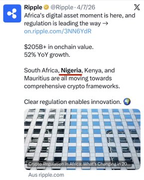 The image is a tweet from Ripple (@Ripple) dated 4/7/26 highlighting Africa's digital asset momentum, citing $205B+ in onchain value and 52% YoY growth, with Nigeria, Kenya, and Mauritius moving toward comprehensive crypto frameworks. The post's emphasis on Ripple powering Africa's digital economy aligns with the tweet's focus on clear regulation driving crypto adoption across the continent.