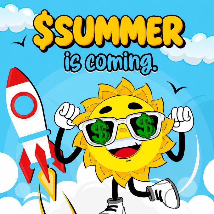 A cartoon sun wearing dollar-sign sunglasses runs alongside a rocket with the text "$SUMMER is coming" displayed above, promoting a 20 SOL giveaway for the $SUMMER token, presented as the potential next $ANSEM. The playful artwork ties into the post's hype around a free crypto airdrop requiring engagement actions like retweets, likes, and follows.
