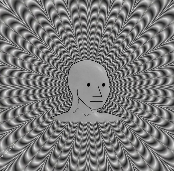 A simple gray cartoon character with dot eyes, a line nose, and a small smile sits centered against a hypnotic black-and-white radial pattern background, with "JOCOPAYA" visible in the bottom-left corner—visually embodying the "NPC" meme theme referenced in the post.