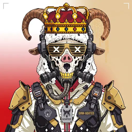 A digital illustration of an anthropomorphic goat skull character wearing a crown, shutter shades, and tactical gear with 'GOATED' and 'DINK-GOATED' tags.