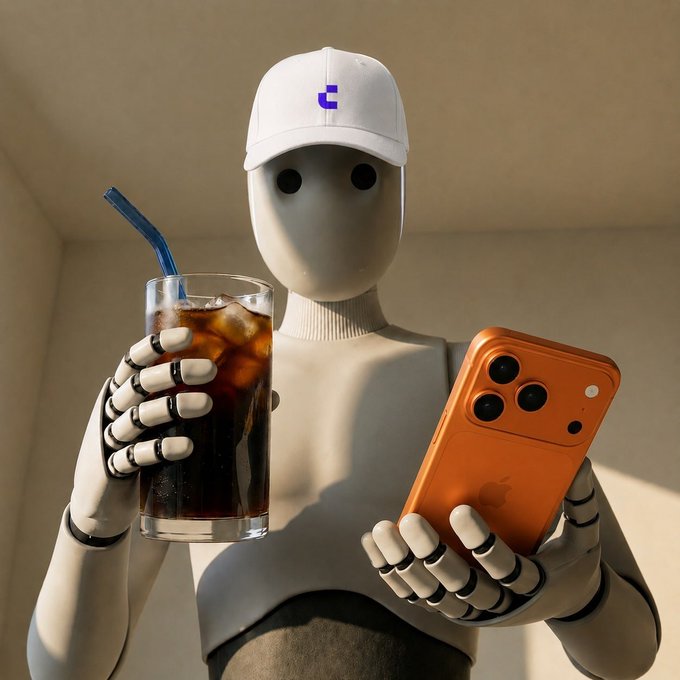 A white humanoid figure wearing a white cap with a purple 'C' logo holds a glass of iced cola with a blue straw in one hand and an orange smartphone in the other.