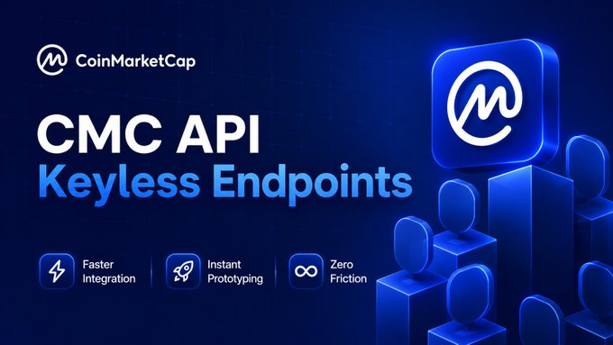The promotional graphic announces CoinMarketCap's new "CMC API Keyless Endpoints," highlighting three key benefits: Faster Integration, Instant Prototyping, and Zero Friction—directly supporting the post's message that developers can now skip the setup phase and access market data without the traditional friction of API key registration.