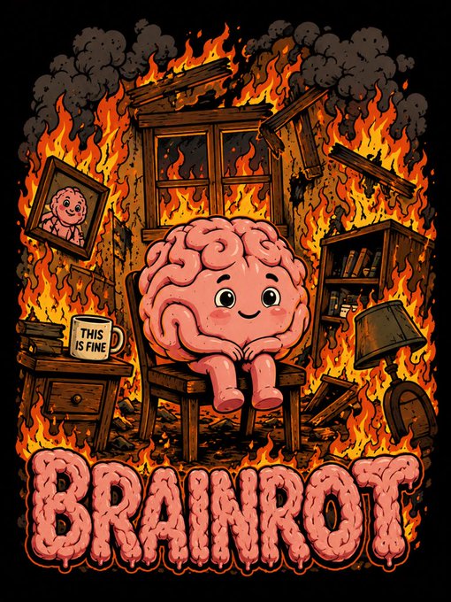 A 'BRAINROT' meme graphic featuring a cute pink brain character sitting calmly in a burning room, holding a mug that says 'THIS IS FINE', parodying the famous internet meme.