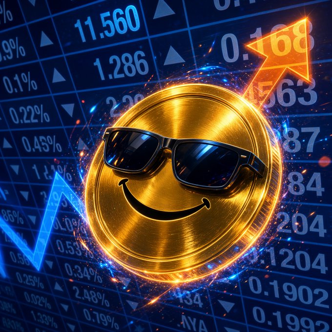 A golden smiley-face coin wearing black sunglasses bursts from a fiery, spark-filled portal, set against a blue stock-market-style background filled with percentage figures (0.1%, 0.22%, 0.45%, 0.53%, 1.28%, 1.33%, 1.86%, 2.48%) and numerical tickers like 11.560, 1.286, 0.168, 0.563, 0.87, 1.84, 2.04, 1204, 0.1902, and 0.1999, with a glowing orange upward arrow and a blue downward arrow emphasizing gains and losses—fitting the post's playful "Ladies & Gentlemen and Stonks" greeting for the BSC BNB Chain community.