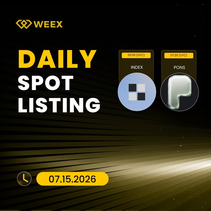 The image is a WEEX "Daily Spot Listing" promotional graphic dated 07.15.2026, highlighting two new token listings: $INDEX at 03:20 (UTC) and $PONS at 07:20 (UTC), corresponding to the accompanying announcement that directs users to register and view details via weex.com.