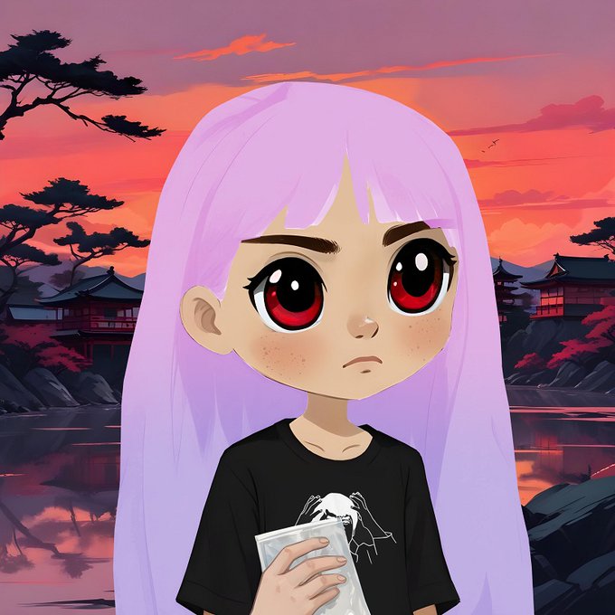 A chibi-style cartoon character with long pink hair, red eyes, and a black t-shirt holds a small plastic bag in a Japanese-style landscape at sunset.