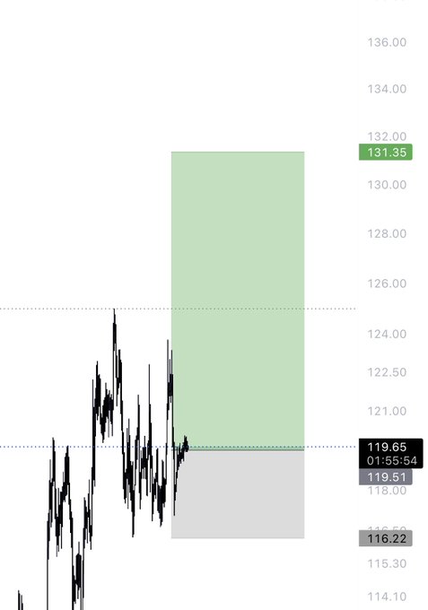 A candlestick chart shows $SOL price action with a long position entry around 119.65 and an invalidation level at 116.22, matching the trader's bullish setup targeting 131.35 (the green take-profit zone) while invalidating below 116. The gray shaded area represents the risk zone down to 116.22, with the current price (119.51 at 01:55:54) sitting near entry, consistent with the post's claim that lows are holding well for the long.