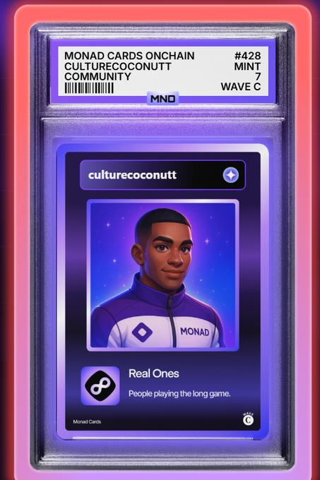 A digital trading card labeled 'MONAD CARDS ONCHAIN' (#428, MINT 7, WAVE C) featuring an illustrated portrait of a person in a purple and white 'MONAD' jacket, identified as 'culturecoconutt' and the 'Real Ones' community.