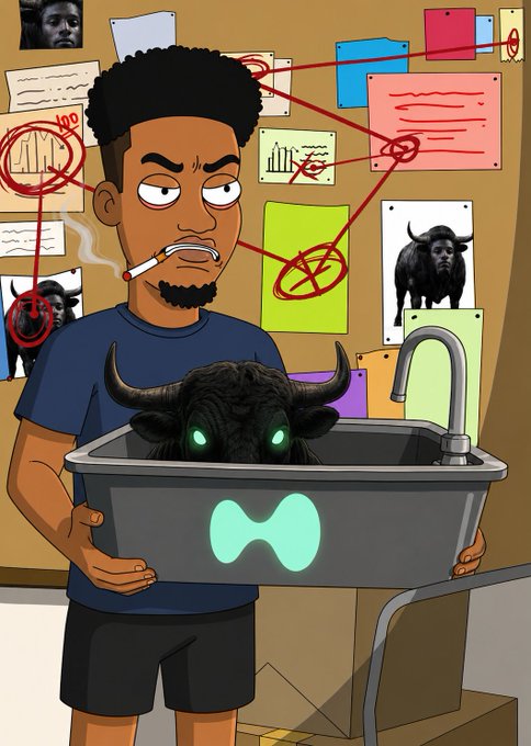 A cartoon character with an intense expression smokes a cigarette while holding a sink basin containing a black bull with glowing green eyes, surrounded by a corkboard covered in papers, charts, and red string connecting various clues. The image relates to the post's commentary about memecoins listed on HyperliquidX, specifically $FARTCOIN and $ANSEM, symbolizing the investigative "deep dive" into the limited number of memecoins achieving such a listing.