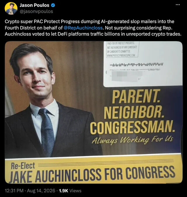 A screenshot of a tweet by Jason Poulos (@jasonvpoulos) criticizing crypto super PAC Protect Progress for sending AI-generated mailers supporting Rep. Jake Auchincloss (D-MA) in the Fourth District. The mailer pictured features Auchincloss's photo with the text "PARENT. NEIGHBOR. CONGRESSMAN. Always Working For Us" and "Re-Elect JAKE AUCHINCLOSS FOR CONGRESS," paid for by Protect Progress and not authorized by any candidate or candidate's committee.