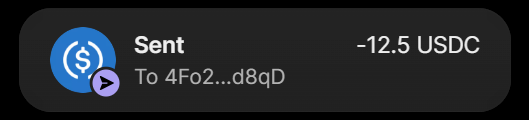 A digital wallet notification displays a successful transaction of **-12.5 USDC sent to address 4Fo2...d8qD** on the Solana blockchain. The image serves as proof of payment to support the post's call for users to like, repost, and share their Solana addresses for a similar giveaway.