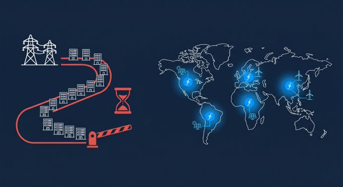 There are two images side-by-side against a dark blue background with white lines representing electricity transmission infrastructure across different countries of the world. The world map in the upper half shows all countries, including the United States (the top left), Europe, Asia, Africa, and South America. A drawing of the continents is also present on this area. The lower half depicts a clock with red hands showing it's 11 o'clock. There are four small black circles representing electricity connections, each labeled with its respective country: Europe, Asia, Africa, and North America.