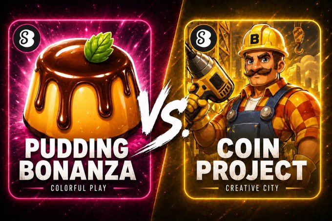 A split promotional graphic pits "Pudding Bonanza: Colorful Play" against "Coin Project: Creative City," separated by a bold "VS" — visually representing the slot showdown where Pudding Bonanza offers a 30,000x max win and Coin Project offers 20,000x (40,000x in Degen Mode), letting viewers vote on which game to play for USDT/ETH tips.