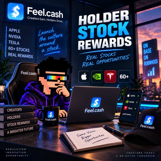 The promotional image features the Feel.cash platform branding with the tagline "Creators Earn, Holders Grow" and showcases their "Holder Stock Rewards" program offering real stocks from companies including Apple (AAPL), NVIDIA (NVDA), and Tesla (TSLA), alongside pixel-art imagery and branded merchandise like a mug, cap, and notebook.

The visual directly reinforces the accompanying post's message by illustrating how Feel.cash bridges creators and holders through actual stock-based rewards (Apple, NVIDIA, Tesla) rather than conventional payouts, emphasizing the innovative concept of earning equity exposure through creator fees.