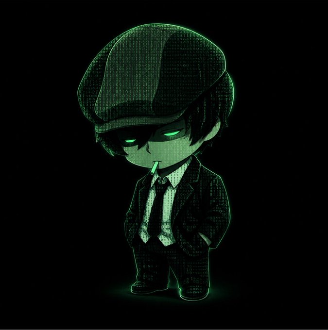 A chibi-style digital illustration of a character in a black suit and cap, rendered in green Matrix-style digital code against a black background.