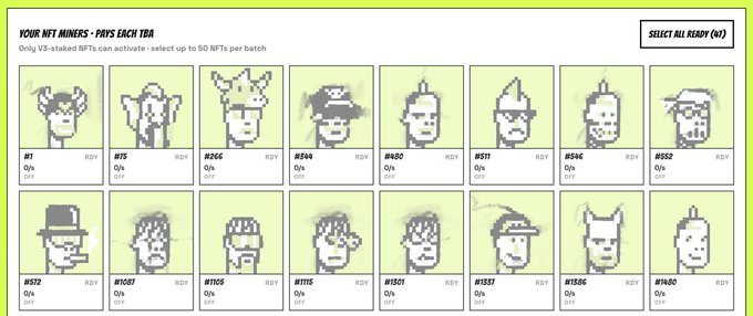 The image shows a CryptoPunks-inspired NFT mining dashboard titled "YOUR NFT MINERS - PUNKS EACH 1BA," displaying 16 pixel-art punk avatars with identifiers like #1, #5, #256, #508, #460, #511, #546, #552, #652, #1087, #1105, #1115, #1501, #1531, #1586, and #1480, along with a "SELECT ALL READY (16)" button. The dashboard supports the post announcing the launch of $PUNK CA and the readiness of the poster's NFTs to begin mining on brokerpunks.com.