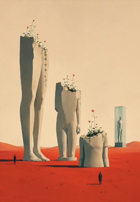 A surreal digital artwork showing large headless and armless stone statues with flowers growing from their necks, set in a red desert landscape with a small human figure and a glass display case containing a statue.