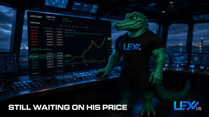 An LFX US promotional image featuring a green crocodile-headed character in a black LFX t-shirt standing in a high-tech trading room, with text reading 'STILL WAITING ON HIS PRICE' beside an order book for UEXC/USDT.