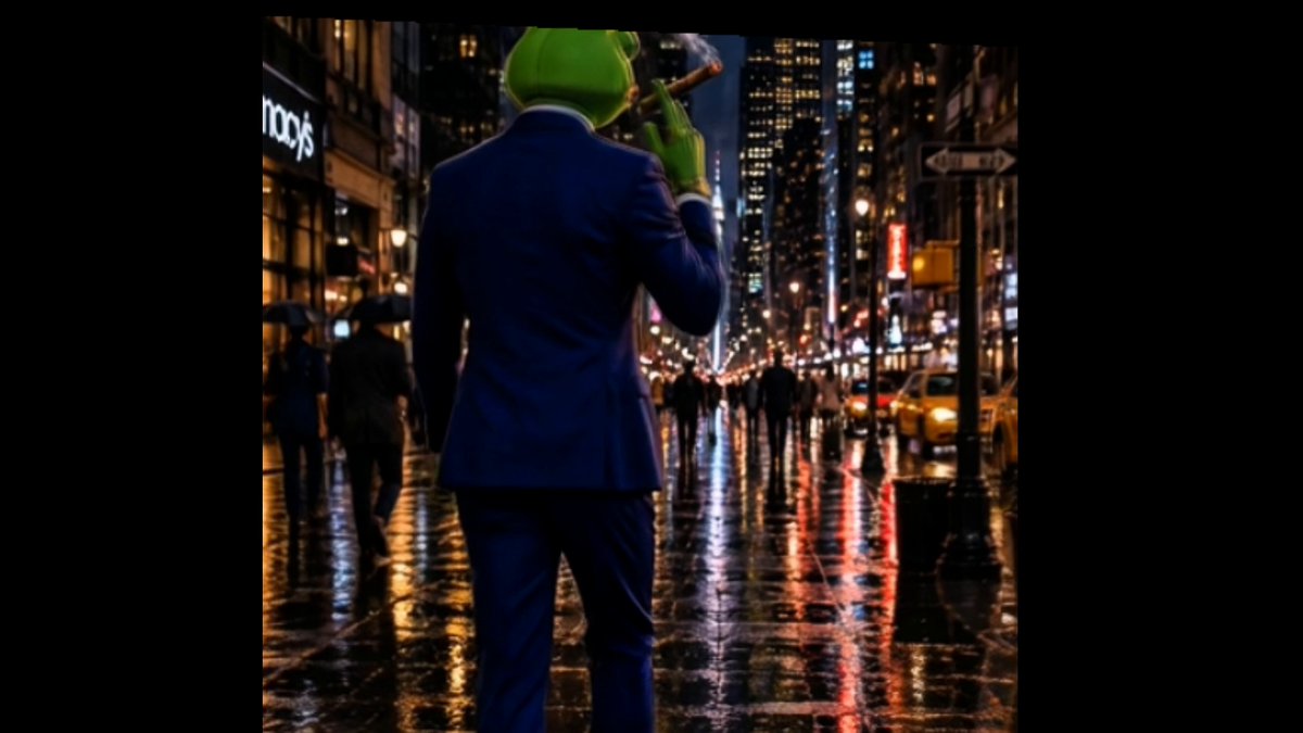The image shows a man dressed in a suit walking down a city street at night, holding an umbrella over his head as he walks. The scene includes several other people walking around him, some of whom are carrying umbrellas or wearing jackets. There is also a car parked on the side of the road and traffic lights visible in the background.