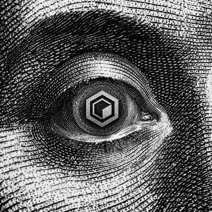 A black and white close-up engraving of an eye featuring a hexagonal logo in the iris, rendered in a currency-like textured style.