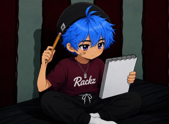 An anime-style illustration of a blue-haired character wearing a black beanie and a maroon 'Rackz' t-shirt, sitting cross-legged while holding a pencil and a sketchbook.