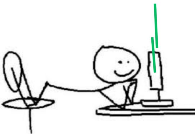 A simple line drawing of a smiling stick figure at a computer desk, with a green arrow pointing to the monitor.