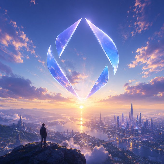 An identical duplicate of Image 2, showing a silhouetted figure on a cliff overlooking a futuristic city at sunset with a large glowing geometric crystal logo in the sky.
