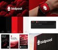 A collage of brand imagery for 'bidpool' featuring red and black color schemes with wallet, documents, and signage.