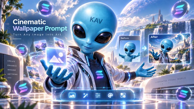 A promotional graphic for 'KAV Cinematic Wallpaper Prompt' features a blue alien character with 'KAV' on its forehead, surrounded by Solana (SOL) logos, with 'Before' and 'After' image examples and text reading 'Turn Any Image Into Art'.