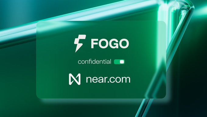 A promotional graphic featuring the 'FOGO' logo marked 'confidential' alongside the near.com logo, set against a flowing teal-green translucent background.