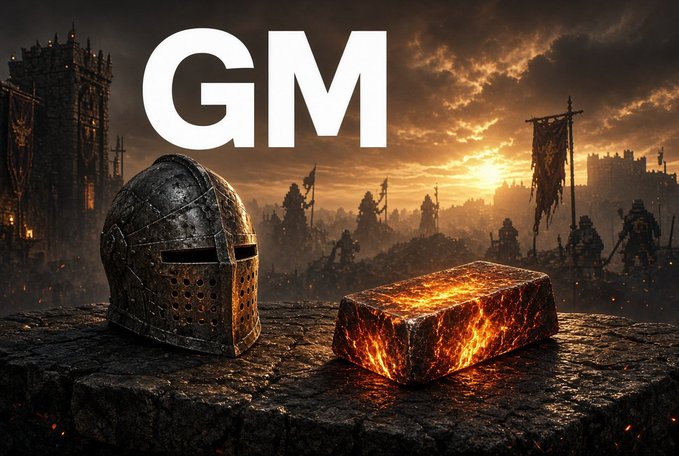 A medieval-themed 'GM' (Good Morning) crypto community graphic features a knight's helmet and a glowing gold bar on a stone surface with an army and castle in the background at sunset.
