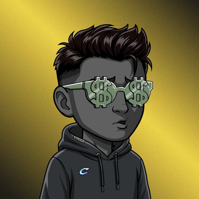 A stylized cartoon avatar of a character with spiky brown hair wearing "money" dollar-sign sunglasses and a black hoodie (featuring a "C" logo) against a yellow gradient background, reflecting the "CHILLIONAIRES" wealth and crypto-aesthetic theme of the Clubz NFT project.