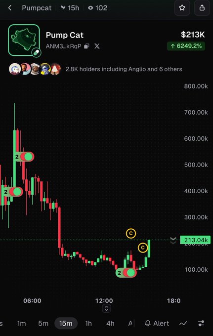 A cryptocurrency chart for 'Pump Cat' (ANM3..kRqP) showing a price of $213K with a massive 6249.2% increase, featuring green and red candlesticks on a dark background.