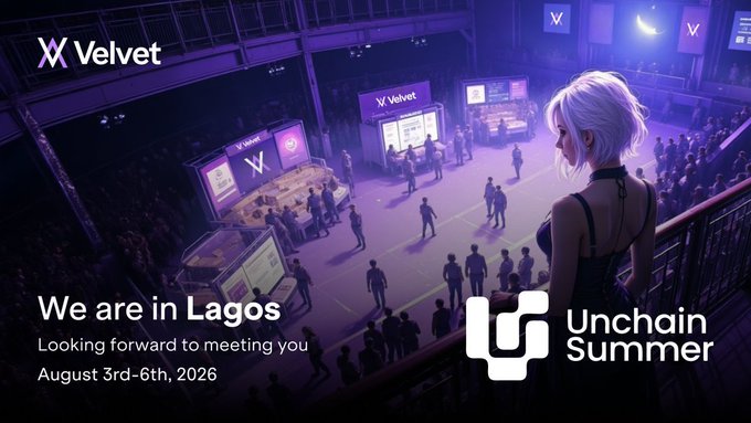 Promotional banner for 'Unchain Summer' by Velvet in Lagos, August 3rd-6th, 2026, featuring a 3D-rendered woman with short blonde hair overlooking a purple-lit convention hall with Velvet-branded booths.