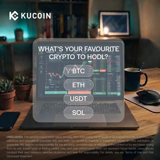 A laptop on a desk displays a KuCoin trading chart poll asking "WHAT'S YOUR FAVOURITE CRYPTO TO HODL?" with options for BTC, ETH, USDT, and SOL. The post notes that all these cryptocurrencies are available to trade on the KuCoin exchange platform.