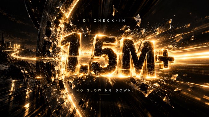 A dramatic, fiery graphic features the bold text "1.5M+" centered in glowing orange and gold letters against a shattering black background, with "DI CHECK-IN" above and "NO SLOWING DOWN" below—visually celebrating the 1,500,000+ check-in milestone announced in the caption.