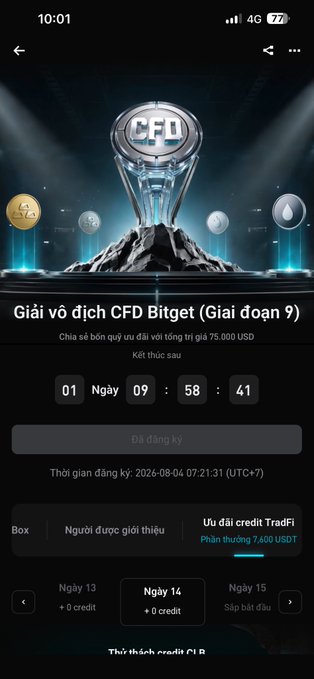 A mobile app screen for a 'CFD Bitget (Giai đoạn 9)' tournament showing a countdown timer of 01 days, 09 hours, 58 minutes, 41 seconds and a prize pool.