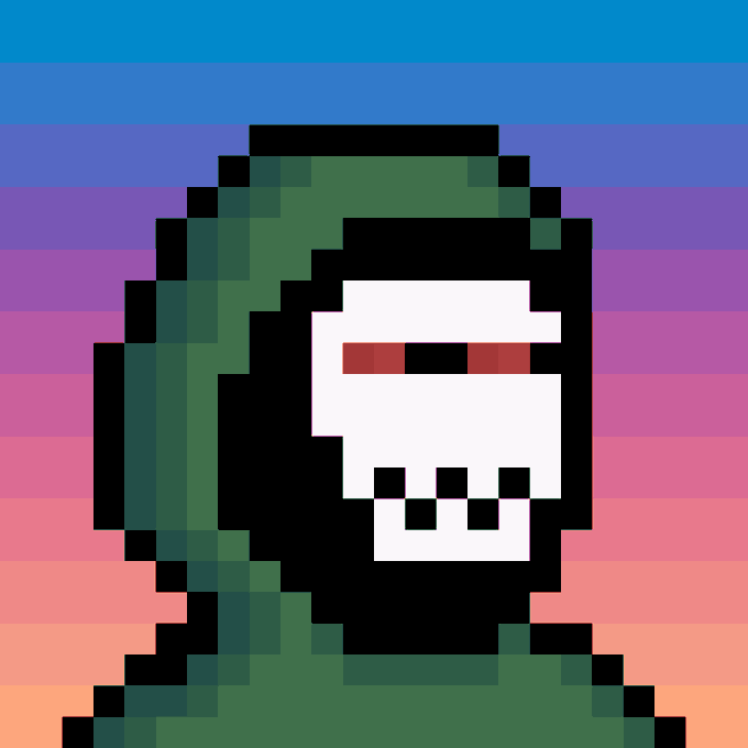 A pixel art image of a grim reaper character with a skull face wearing a green hooded cloak against a striped pastel sunset background.