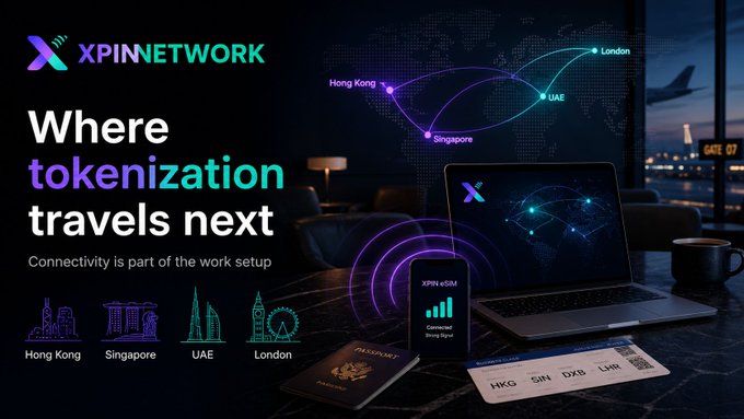 The image is a promotional graphic for XpinNetwork featuring the headline "Where tokenization travels next" with the tagline "Connectivity is part of the work setup." It depicts a stylized airport lounge scene with a laptop, smartphone showing "Connected Strong Signal," a passport, and a boarding pass to HKG, SIN, DXB, and LHR, alongside a world map connecting Hong Kong, Singapore, UAE, and London—visually reinforcing the post's message about tokenization and RWA builders traveling globally across these key hubs.