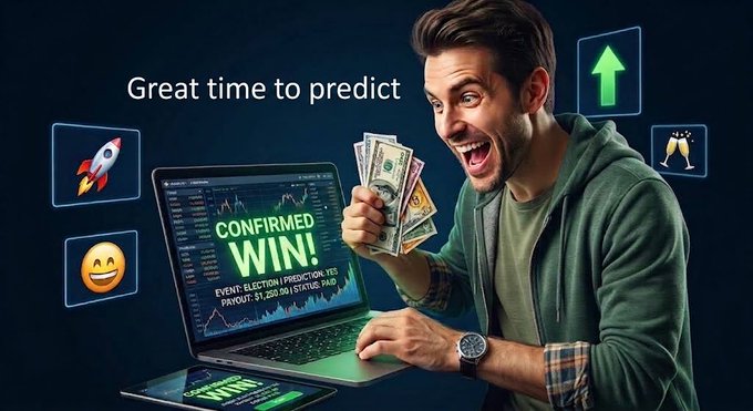An excited man holds up a fan of US dollar bills while looking at a laptop displaying a green "CONFIRMED WIN!" prediction market interface, under the text "Great time to predict" with various icons floating around.