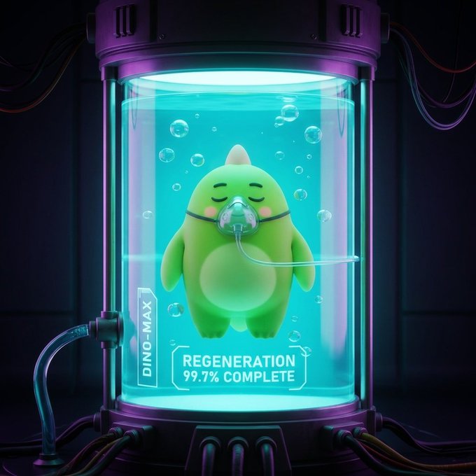 A green dinosaur-like character floating in a glowing blue cylindrical chamber labeled 'DINO-MAX REGENERATION 99.7% COMPLETE', connected to a tube apparatus in a sci-fi setting.